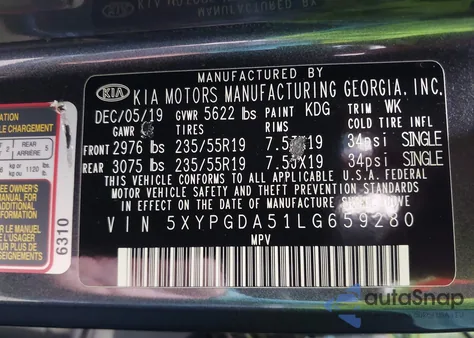 2020 Kia Sorento 3.3L S из США, поврежденный, VIN 5XYPGDA51LG659280